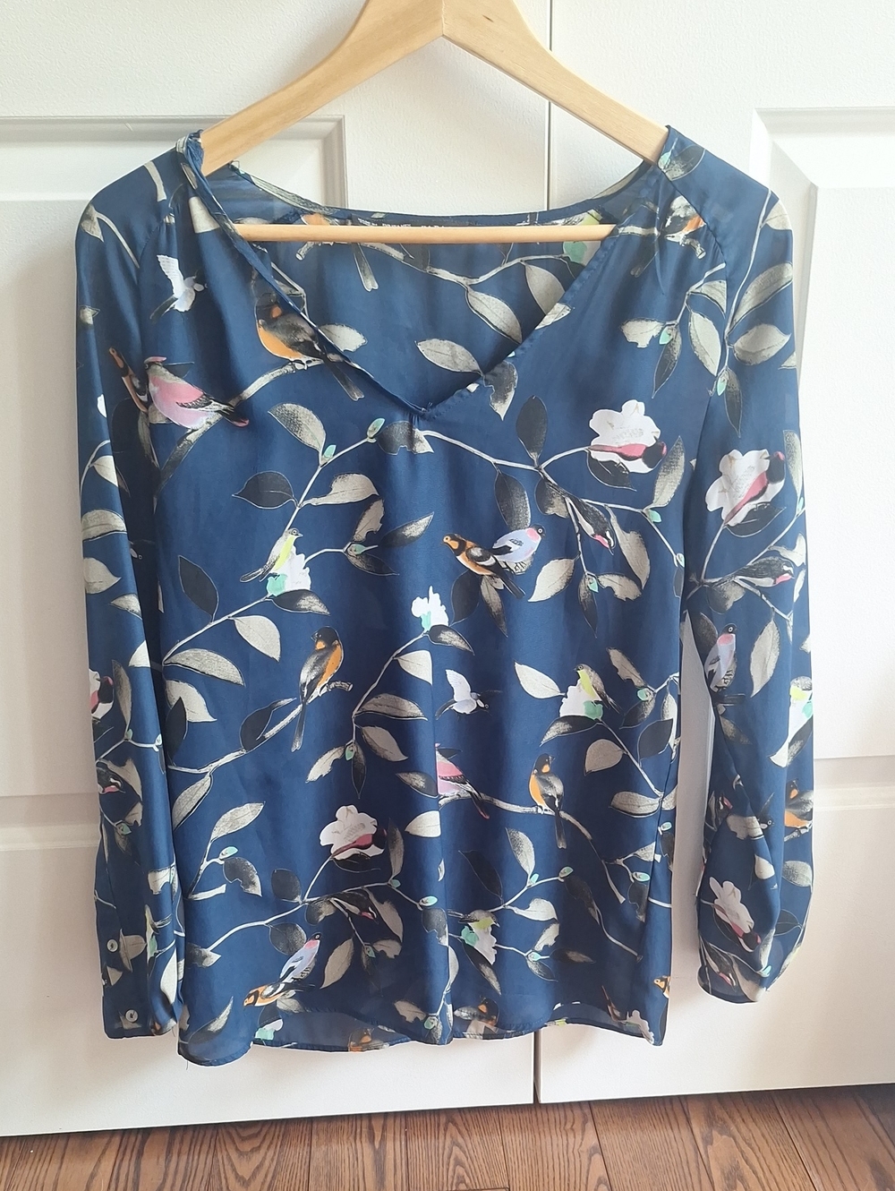 Zara Floral Bird Print V-Neck Blouse - Navy